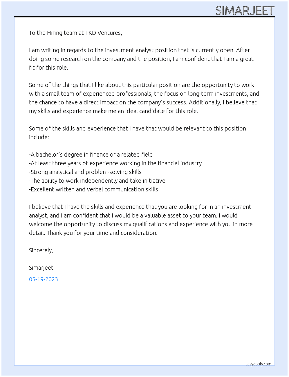 Investment analyst At TKD Ventures Cover Letter