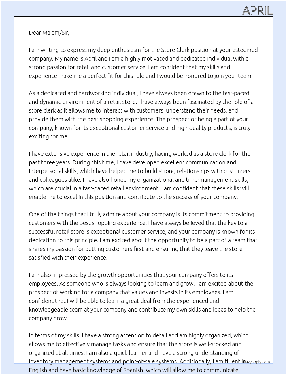 Store clerk At N/A Cover Letter
