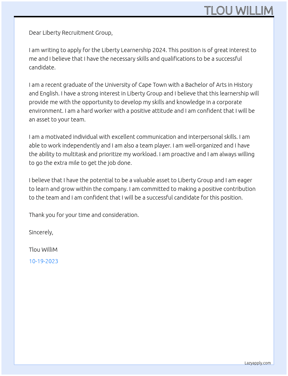 Liberty Learnership 2024 At Liberty Group Cover Letter