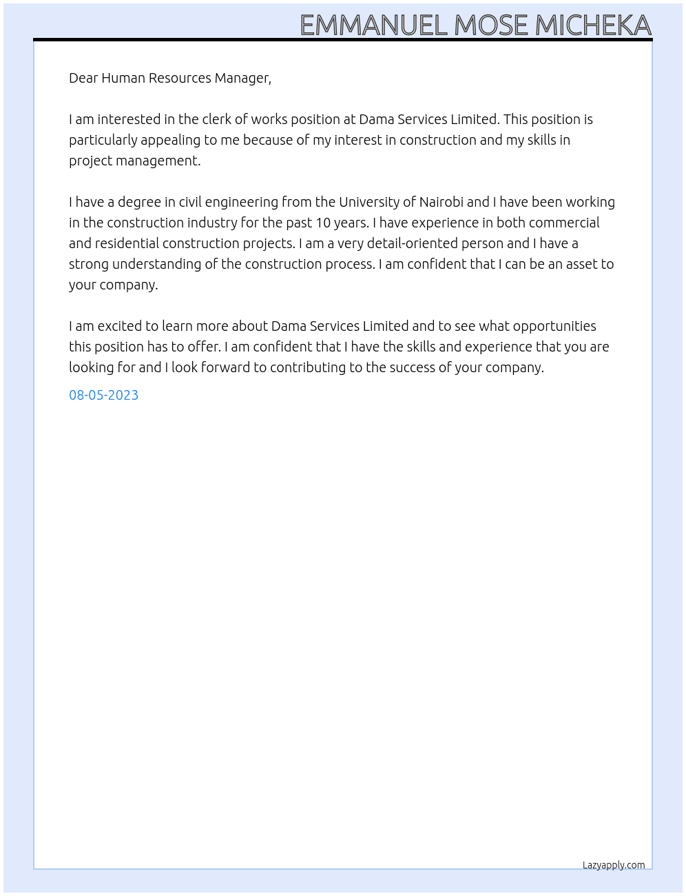 clerk of works At Dama services limited Cover Letter