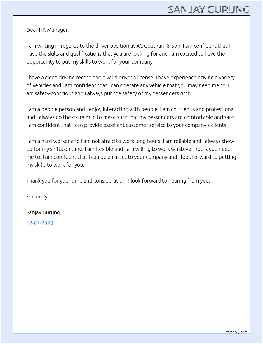 driver At AC Goatham & Son Cover Letter