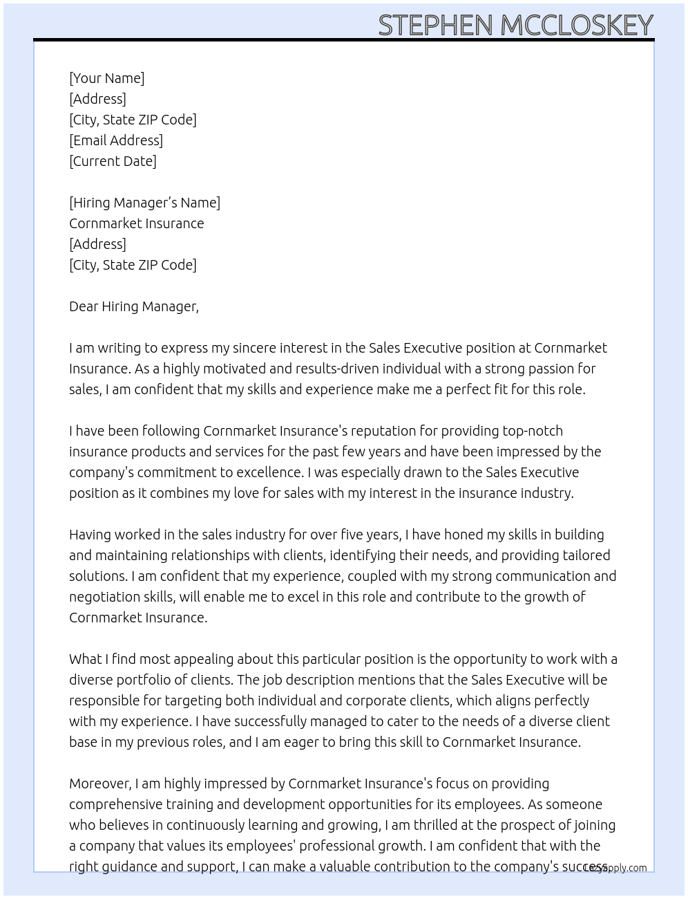 Sales Executive At Cornmarket Insurance Cover Letter