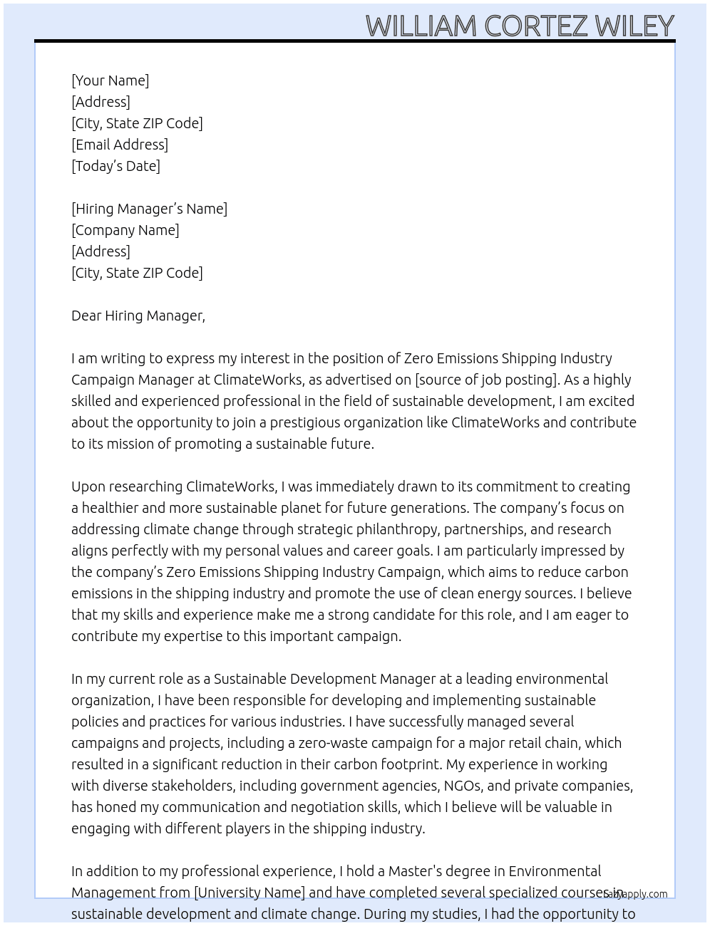 Zero Emissions Shipping Industry Campaign Manager At ClimateWorks Cover Letter