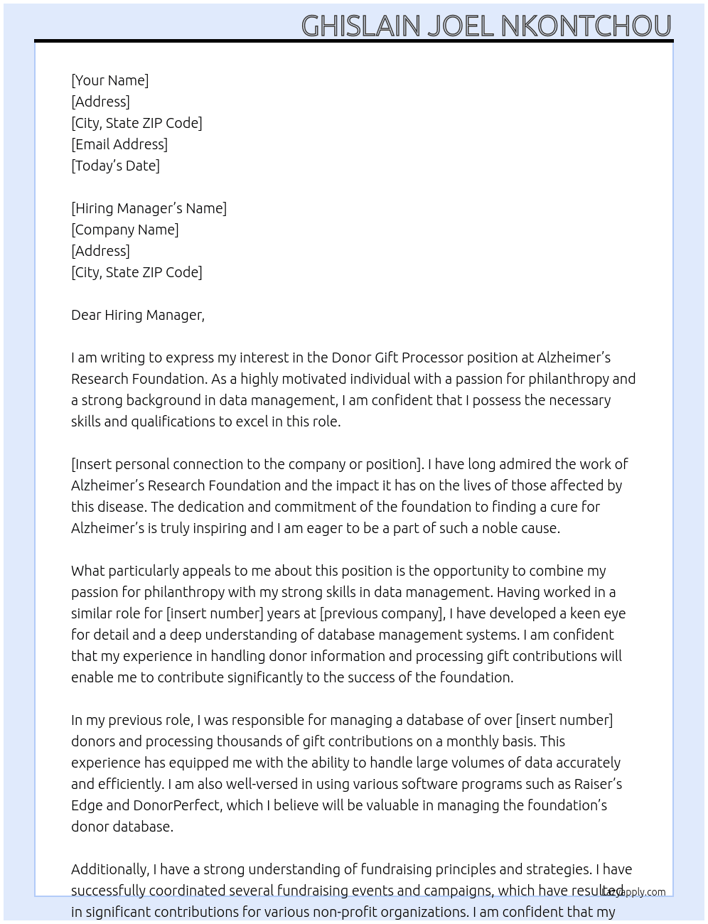 Cover letter for donor gift processor - LazyApply