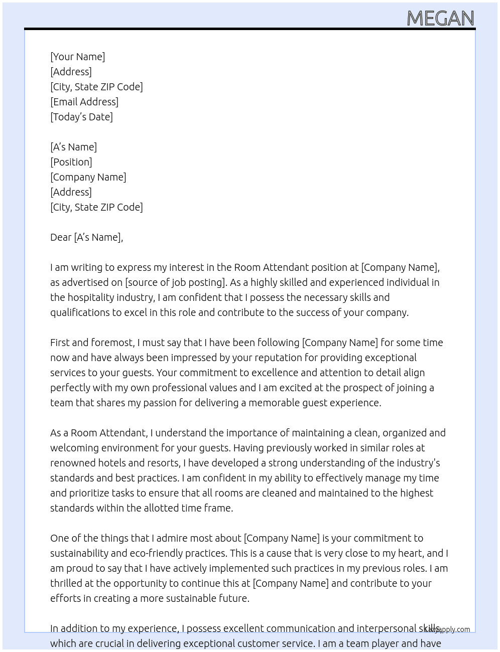 Room attendant  At A Cover Letter