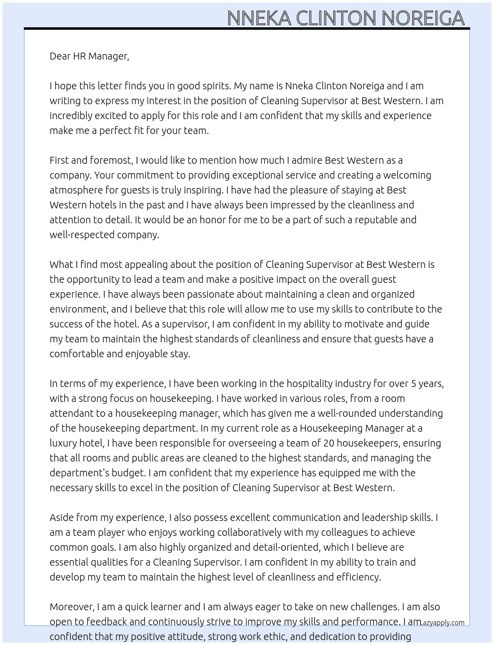 Cleaning Supervisor  At Best Western  Cover Letter