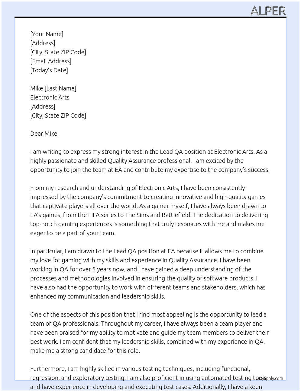 Lead QA At Electronic arts Cover Letter