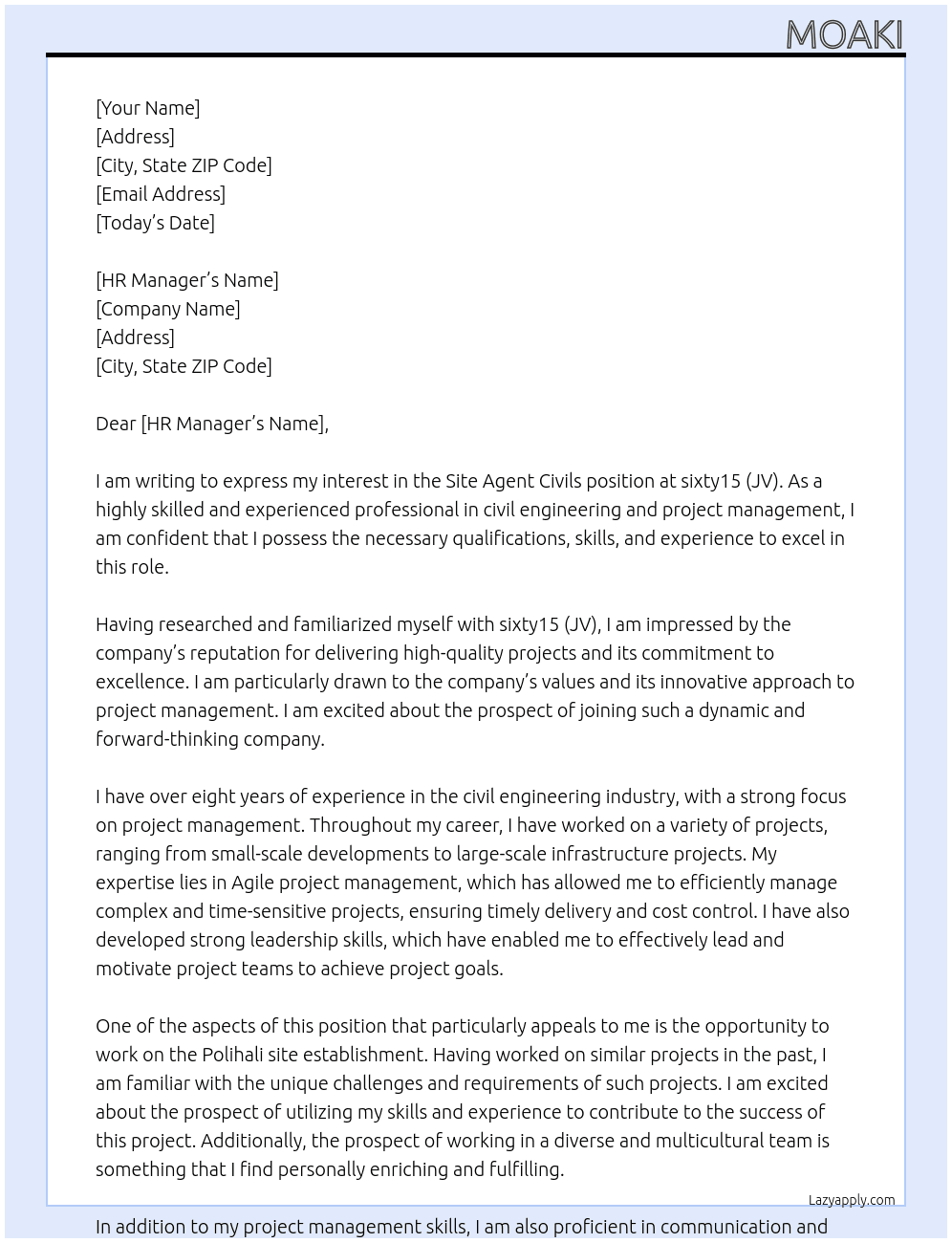 Cover letter for site agent civils - LazyApply
