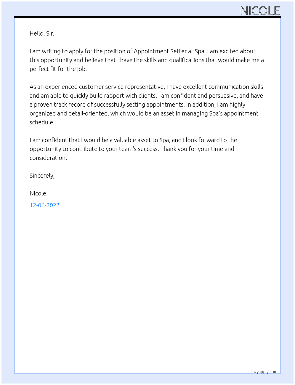 appointment setter At Spa Cover Letter