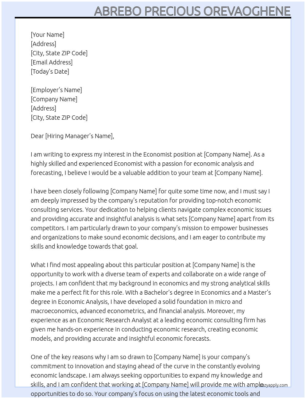 Economist At Service Cover Letter