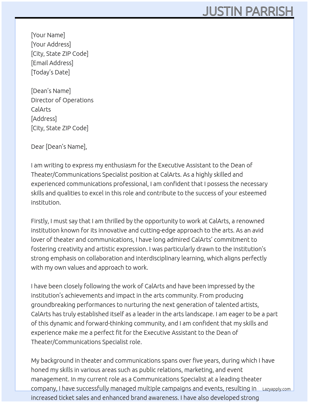 Executive Assistant to the Dean of Theater/Communications Specialist At CalArts Cover Letter