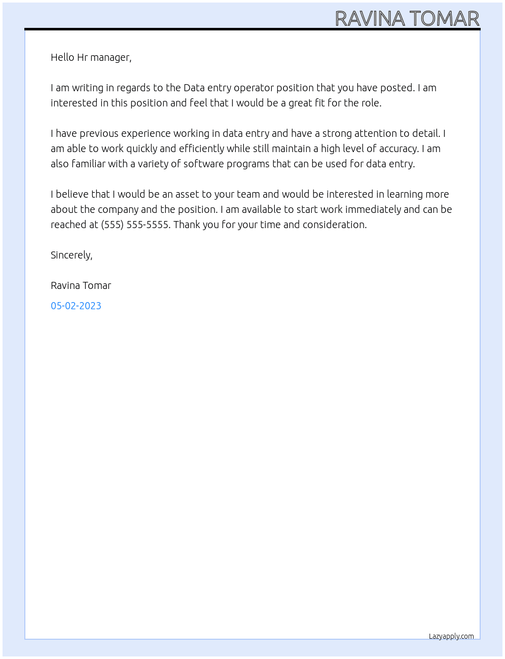 Data entry operator  At MNR solution  Cover Letter
