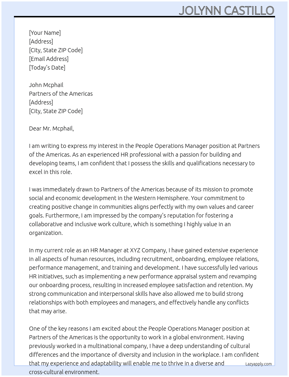 People Operations Manager At Partners of the Americas Cover Letter