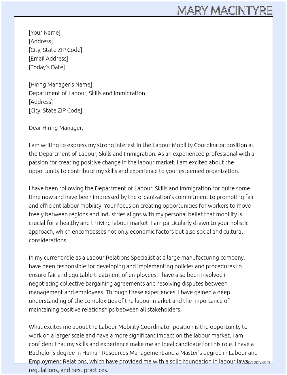 Cover letter for labour mobility coordinator - LazyApply