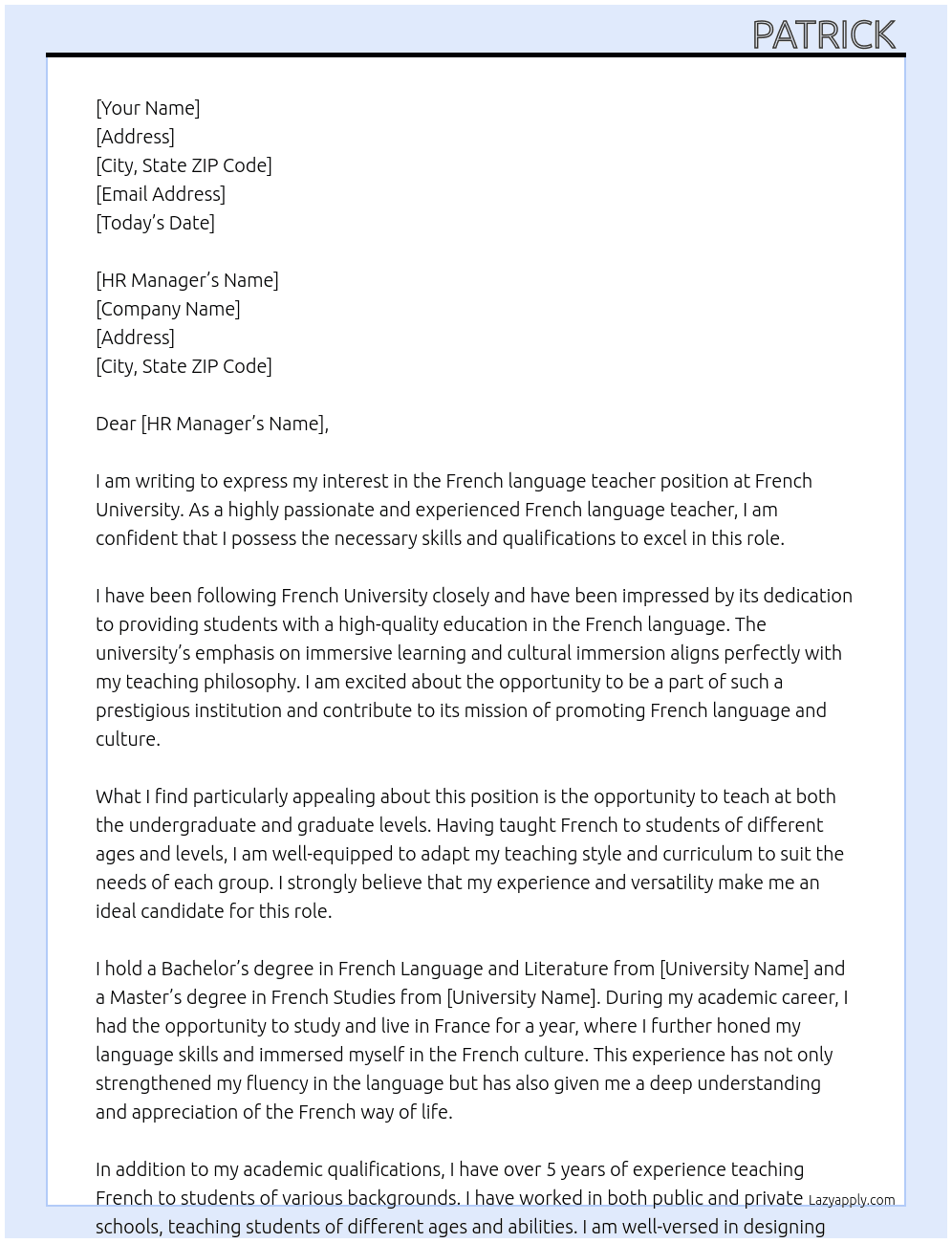 French language teacher  At French university  Cover Letter