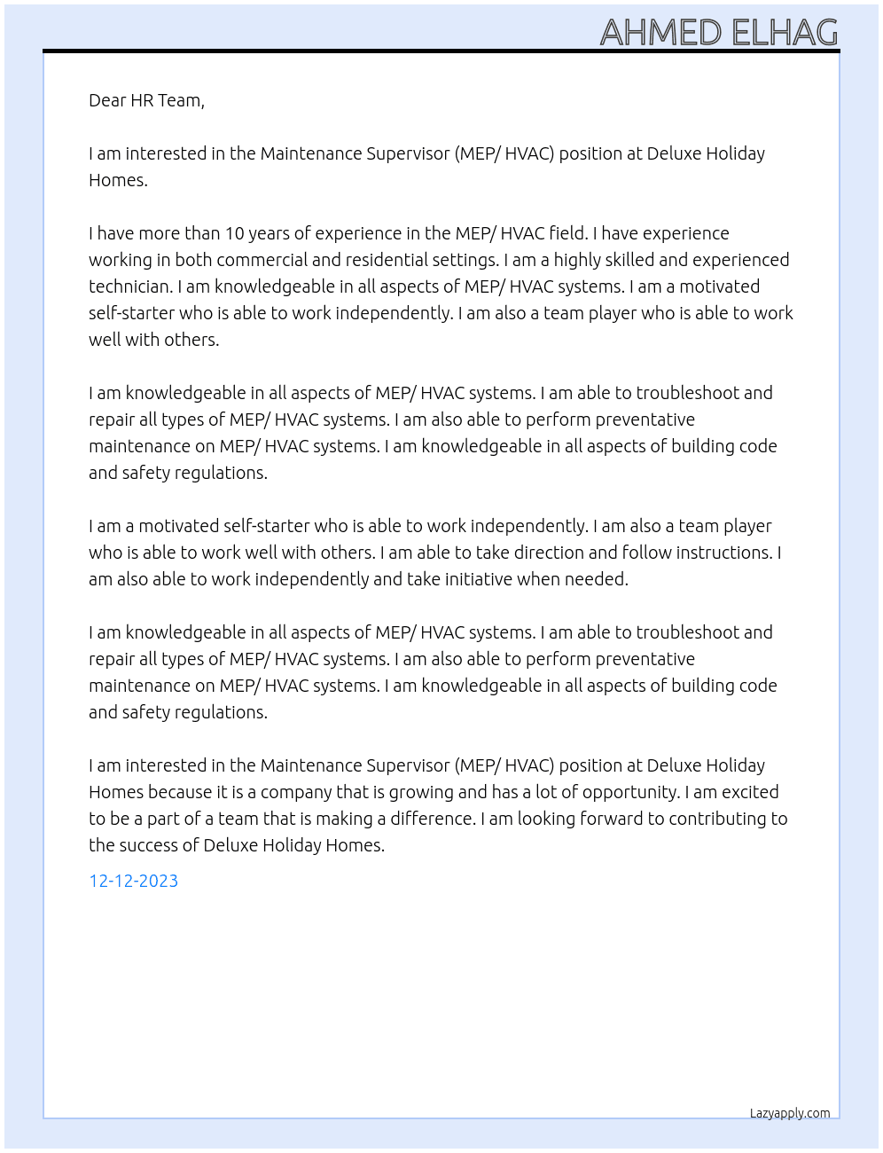 Maintenance Supervisor (MEP/ HVAC) At Deluxe Holiday Homes Cover Letter