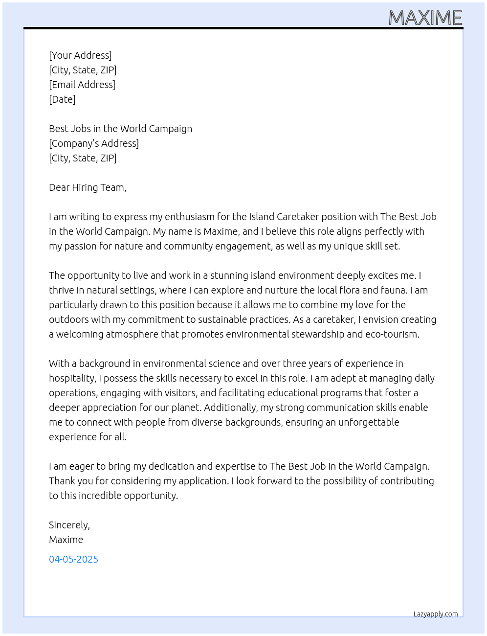 Cover letter for island caretaker - LazyApply