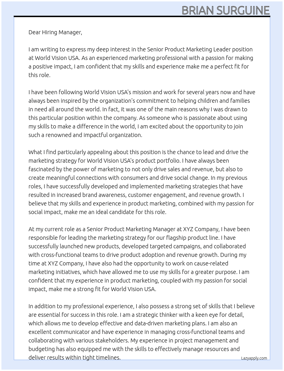 Senior Product Marketing Leader At World Vision USA Cover Letter