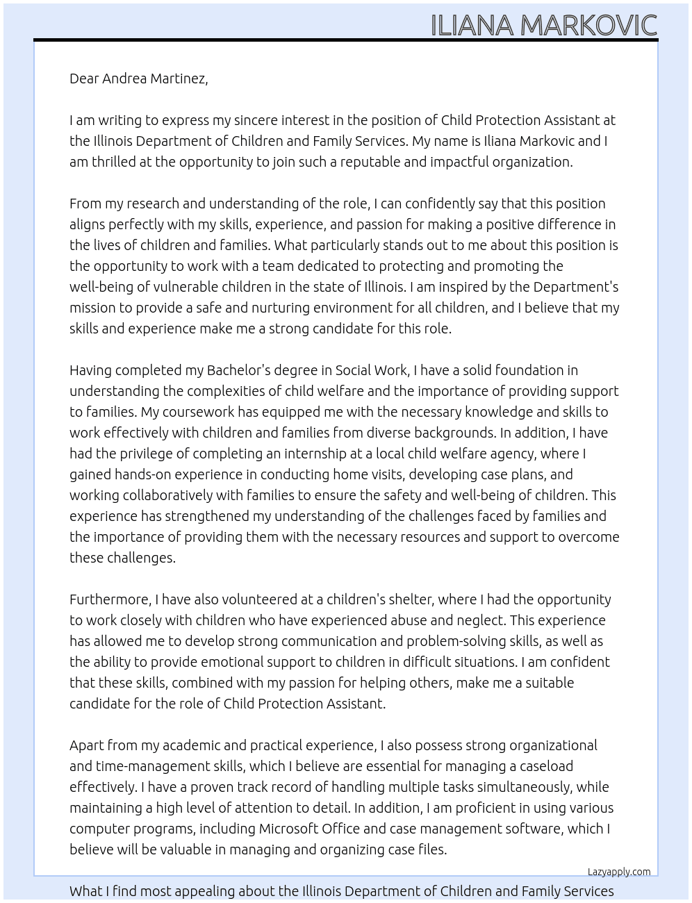 Cover letter for child protection assistant - LazyApply