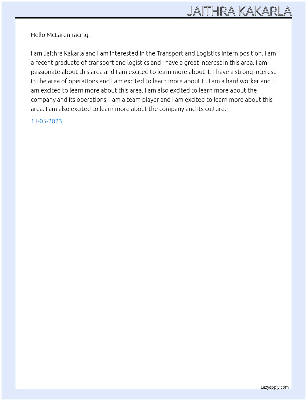 Transport and Logistics Intern At McLaren racing Cover Letter
