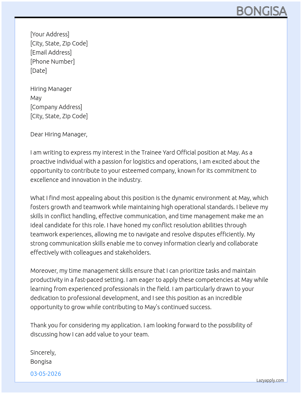 Trainee yard official At May Cover Letter