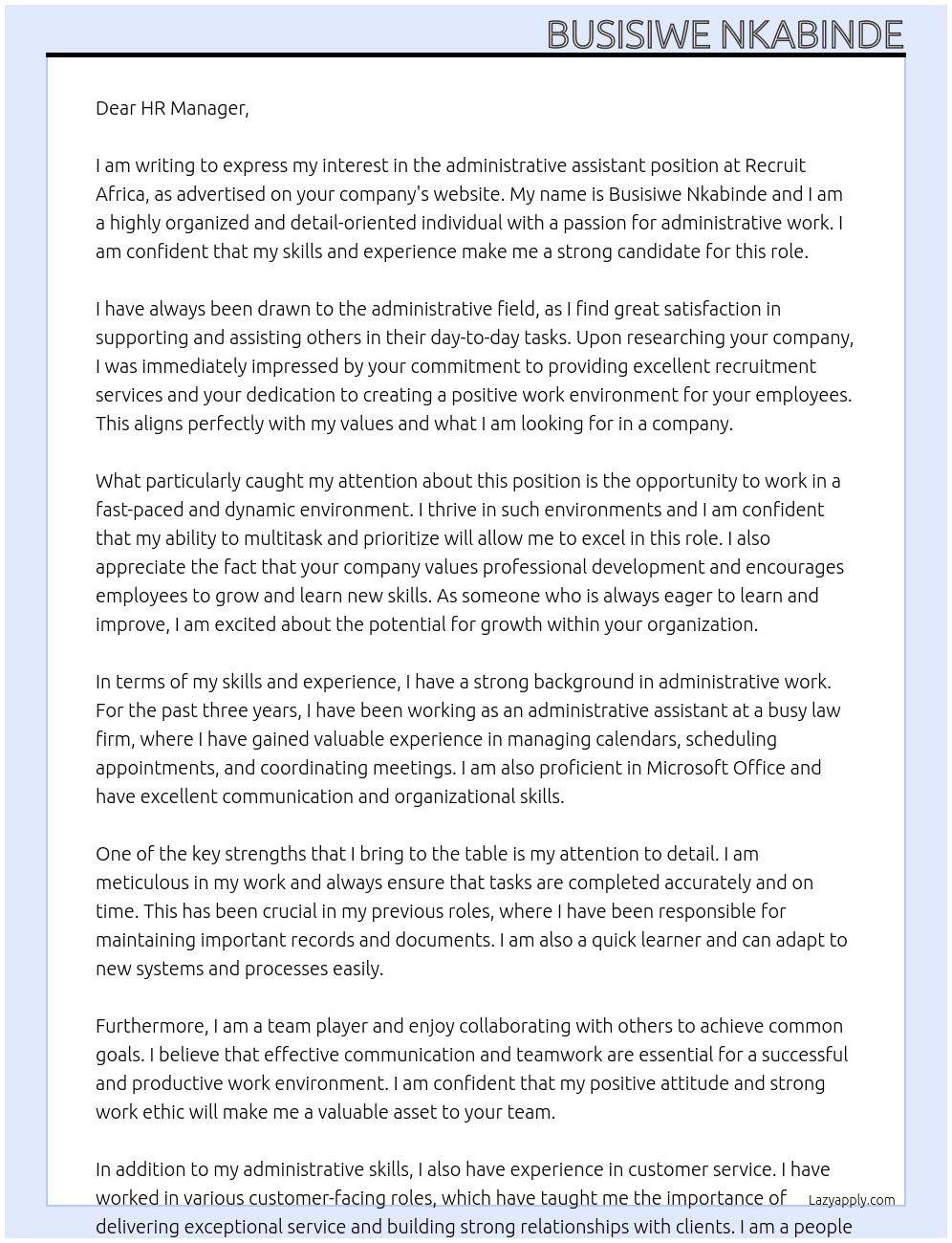 Administrative assistant At Recruit africa Cover Letter