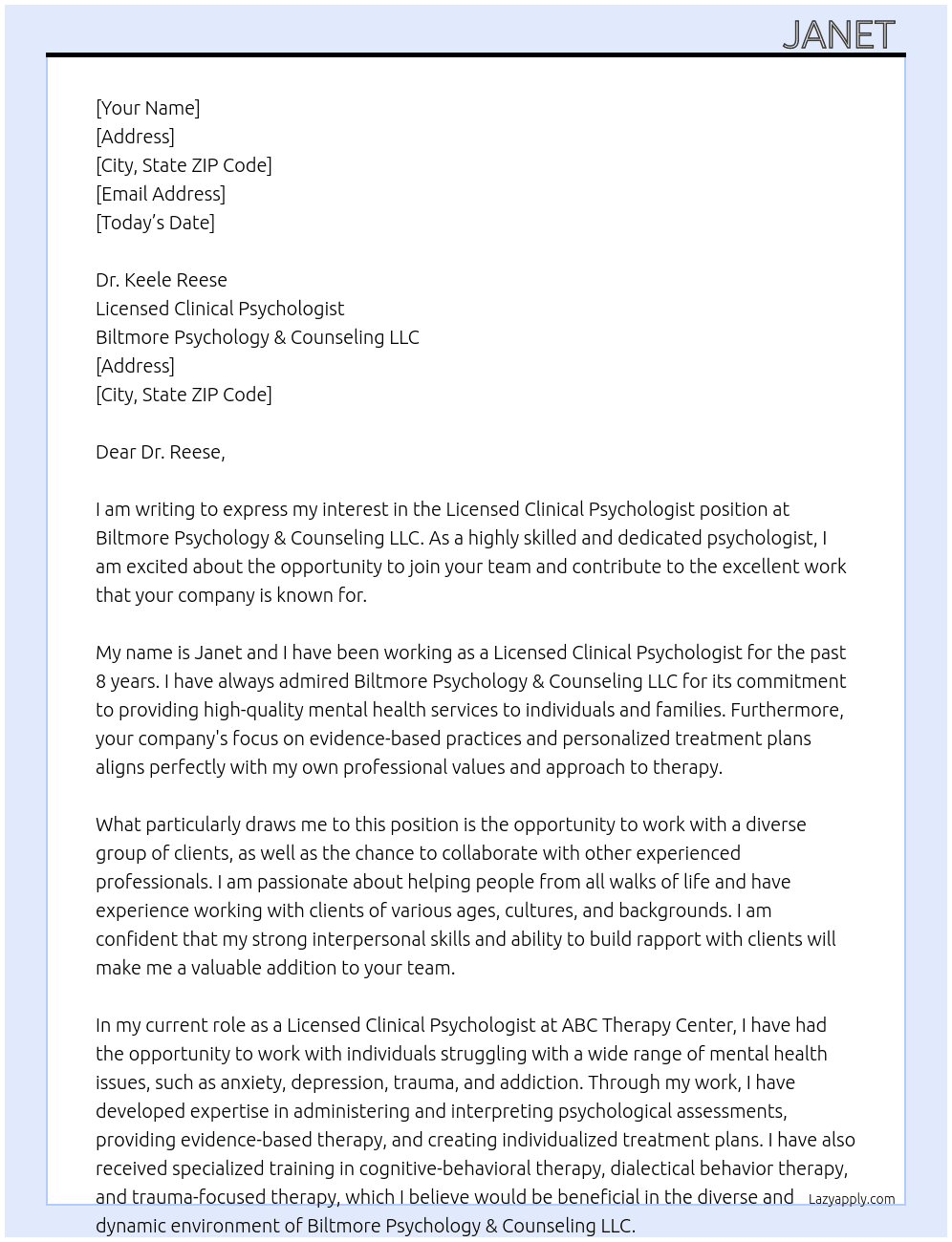 Licensed Clinical Psychologist At Biltmore Psychology & Counseling LLC Cover Letter
