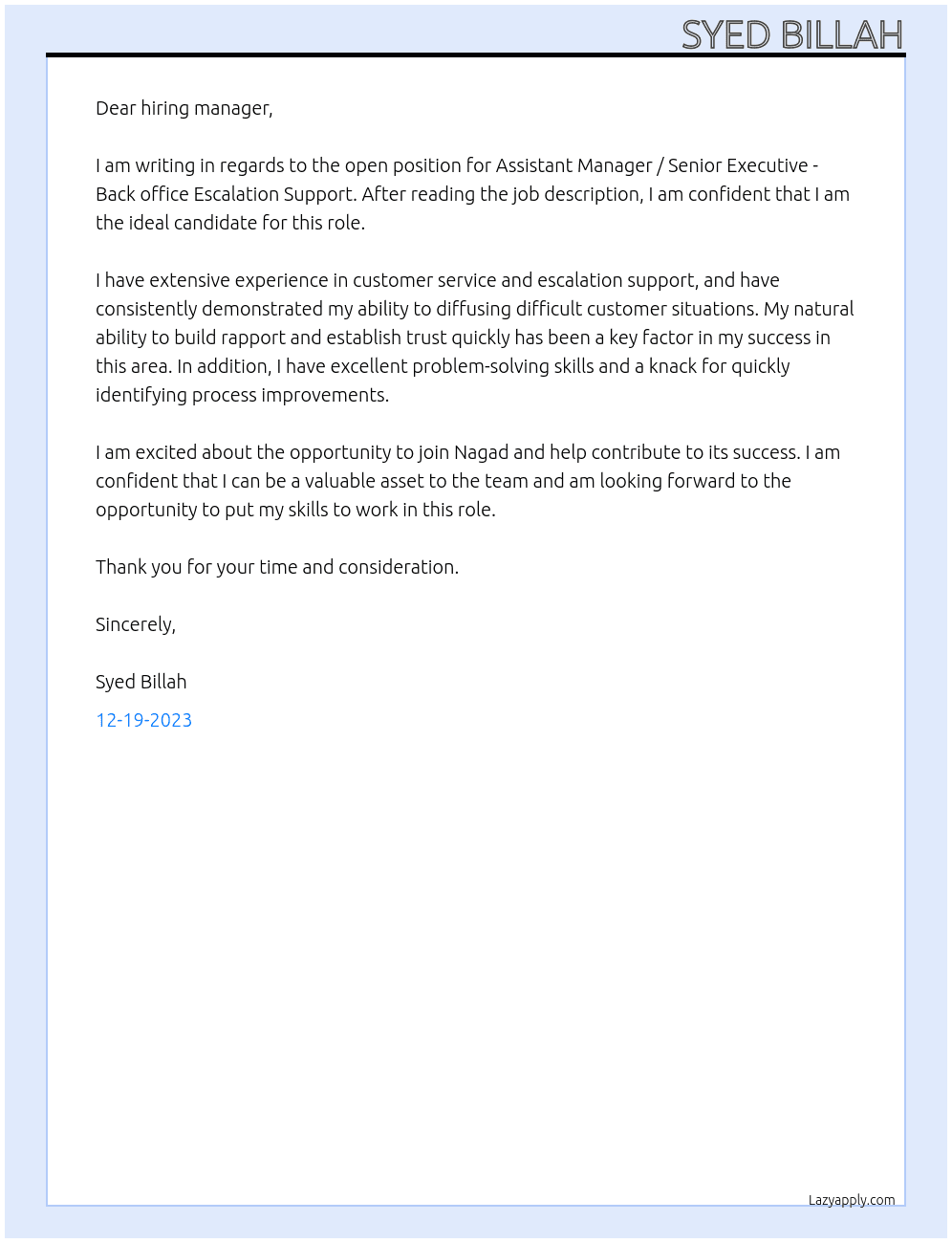 Assistant Manager / Senior Executive - Back office Escalation Support. At Nagad Cover Letter