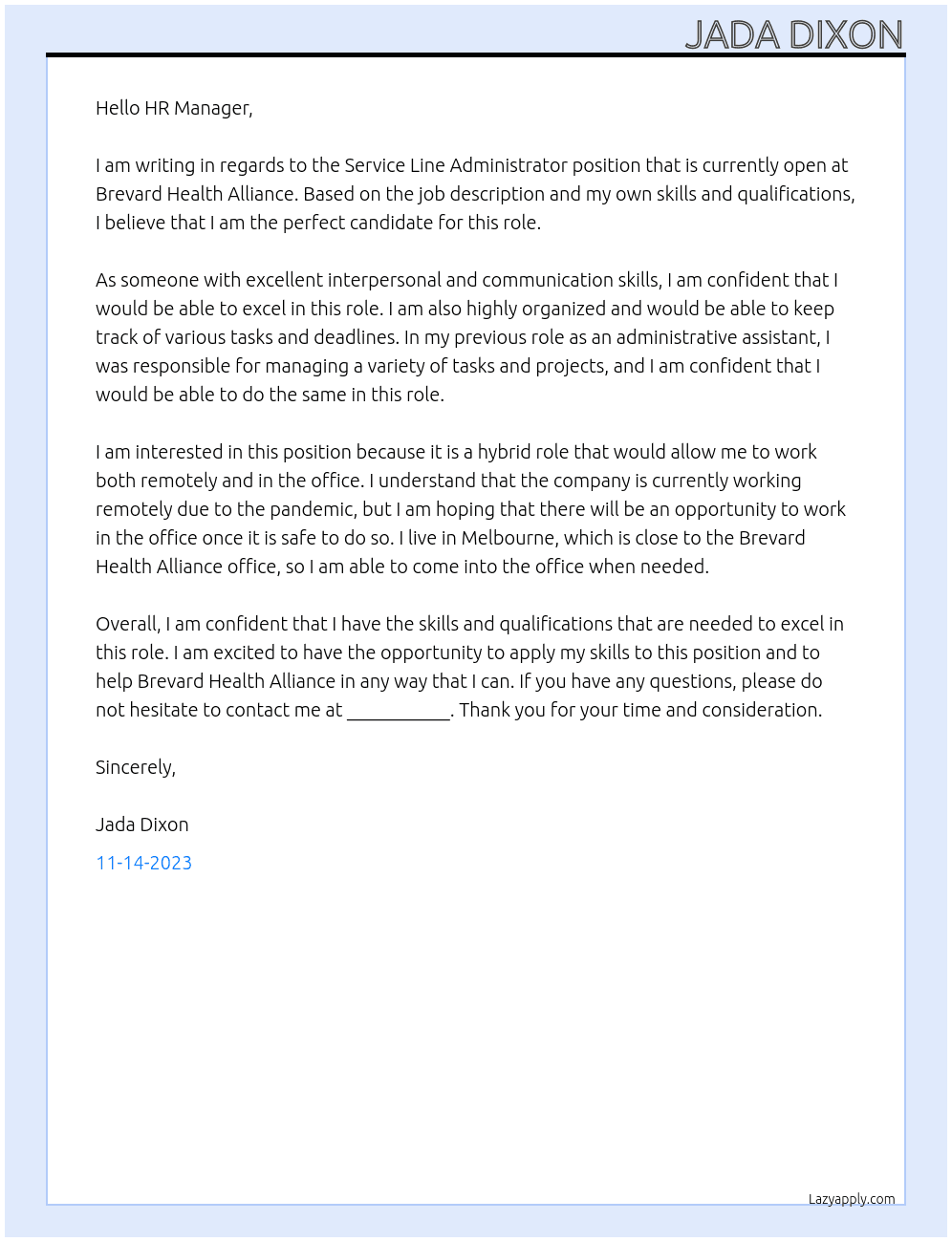 Service Line Administrator At Brevard Health Alliance Cover Letter
