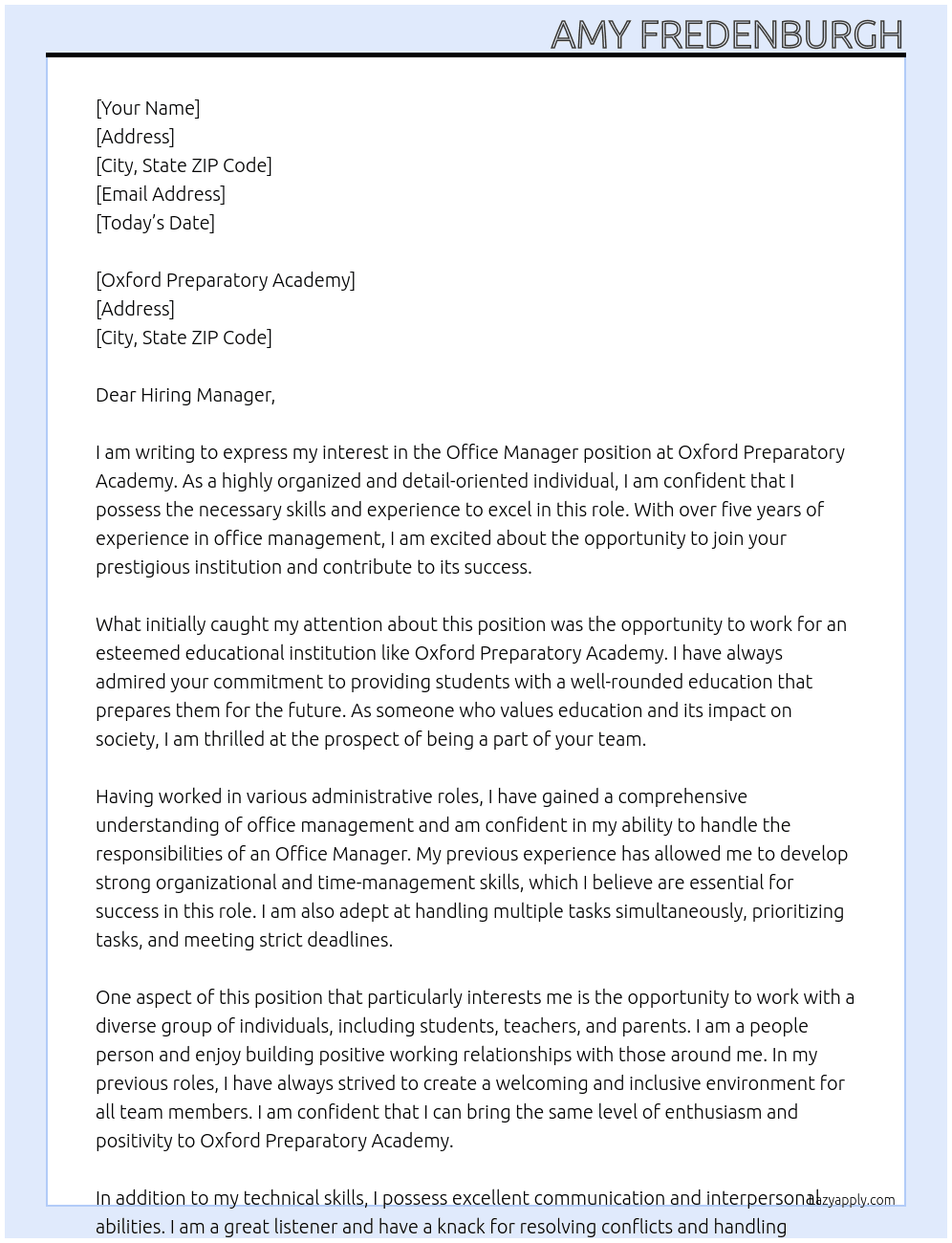 Office Manager  At Office Manager  Cover Letter