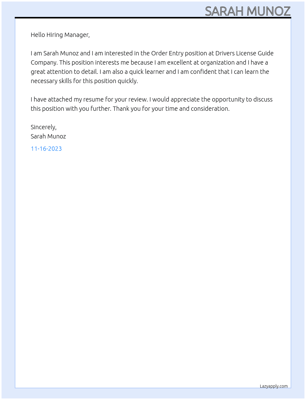 Order Entry At Drivers License Guide Company Cover Letter