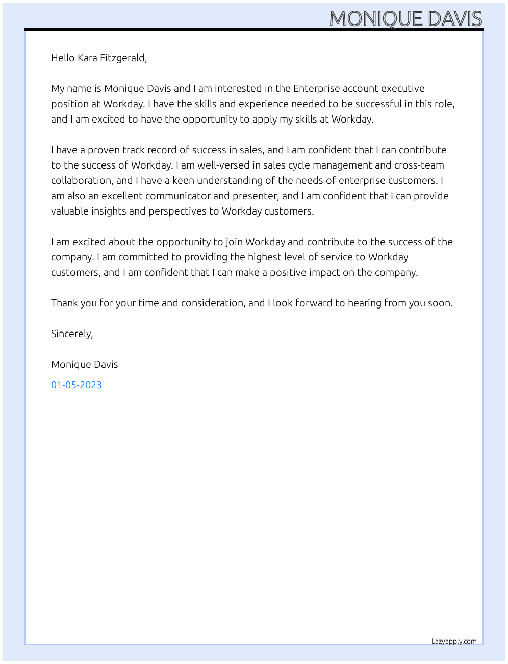 Enterprise account executive At Workday  Cover Letter
