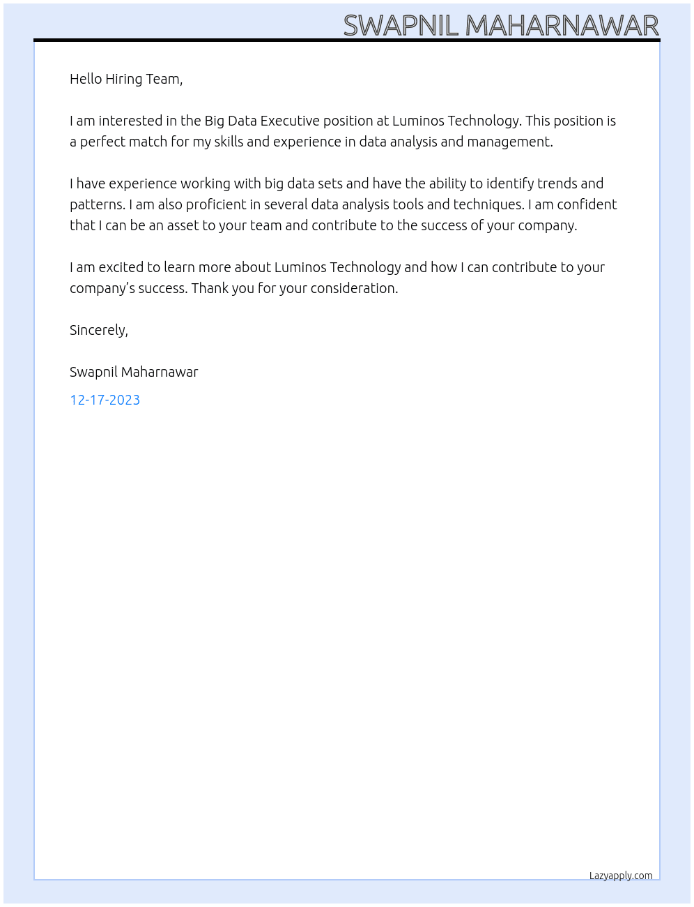 Big data executive  At Luminos technology  Cover Letter