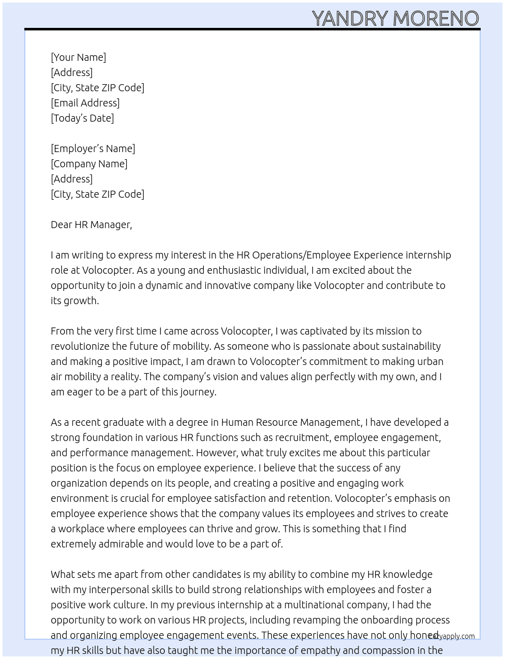 HR Operations / Employee Experience At Volocopter Cover Letter
