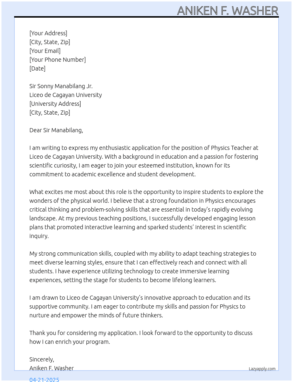 Cover letter for teacher in physics - LazyApply