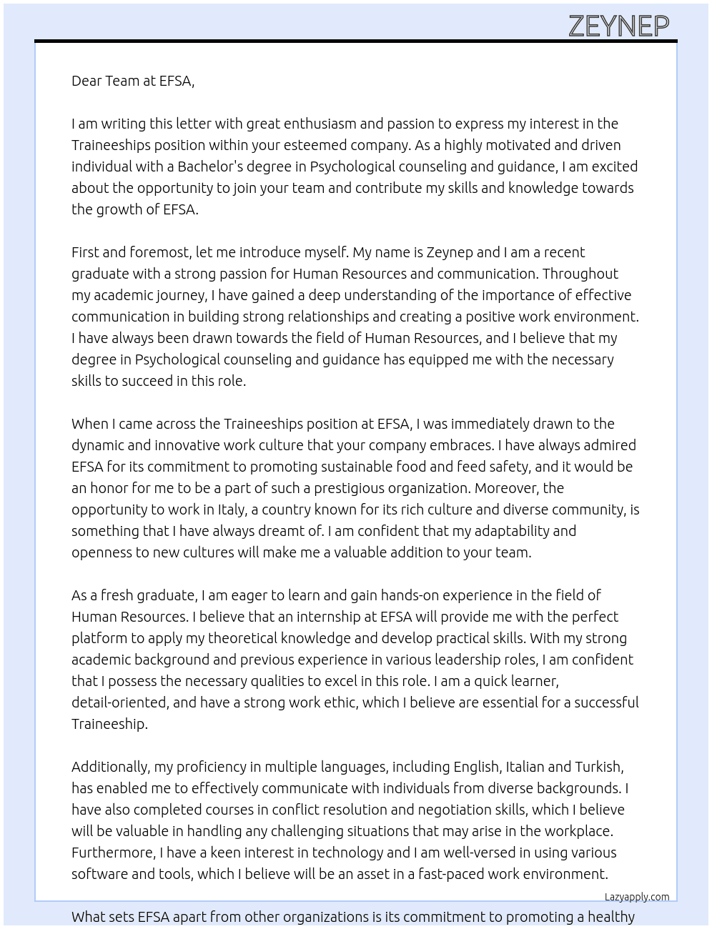 Traineeships At EFSA  Cover Letter