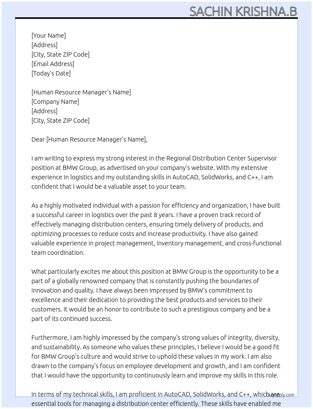 REGIONAL DISTRIBUTION CENTER SUPERVISOR At BMW GROUP Cover Letter
