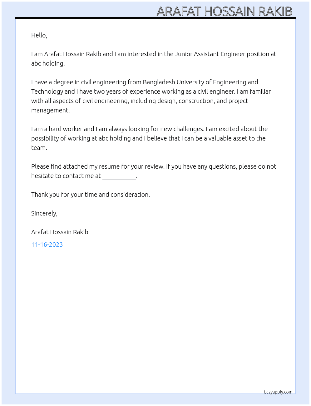 Junior Assistant Engineer At abc holding Cover Letter