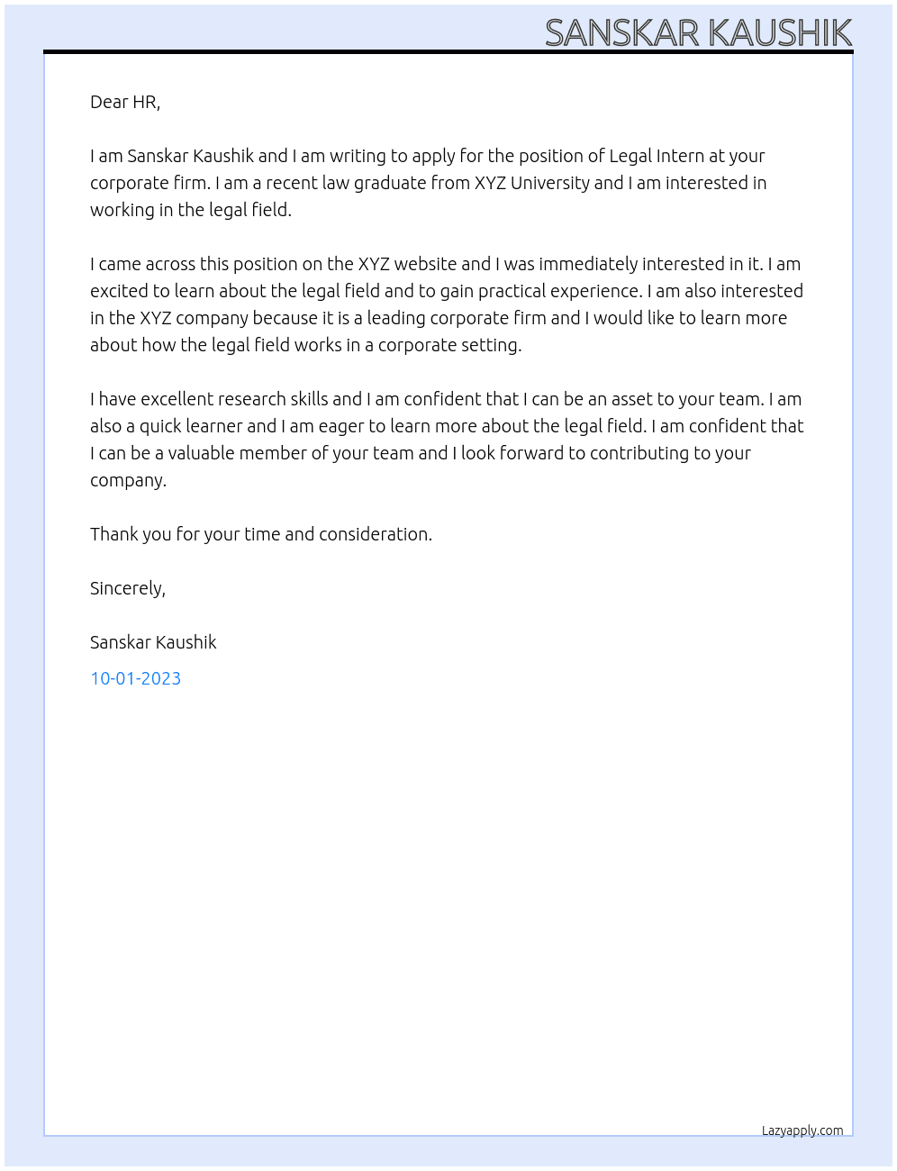 Legal Intern At Corporate Firm Cover Letter