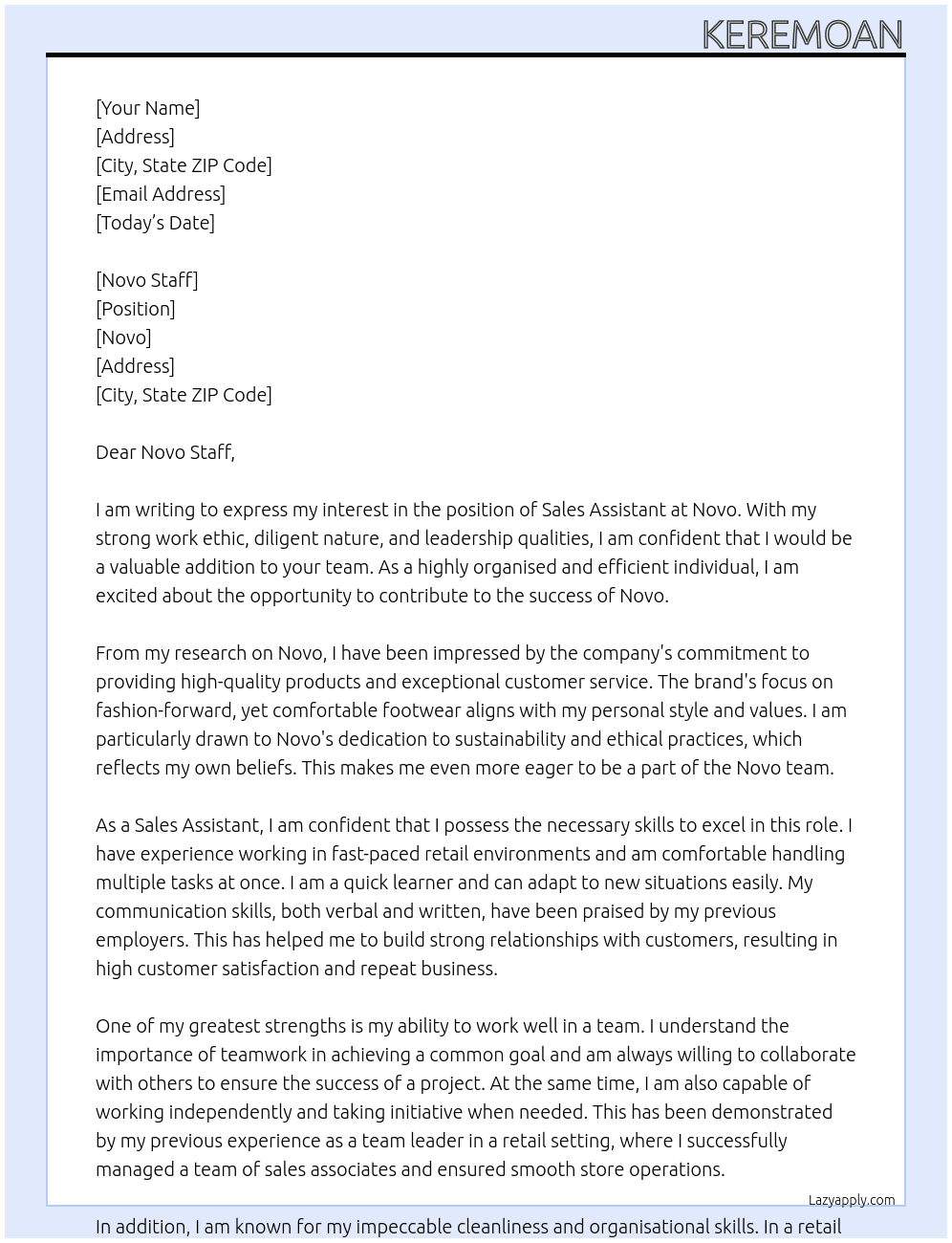 Sales assistant At Novo Cover Letter
