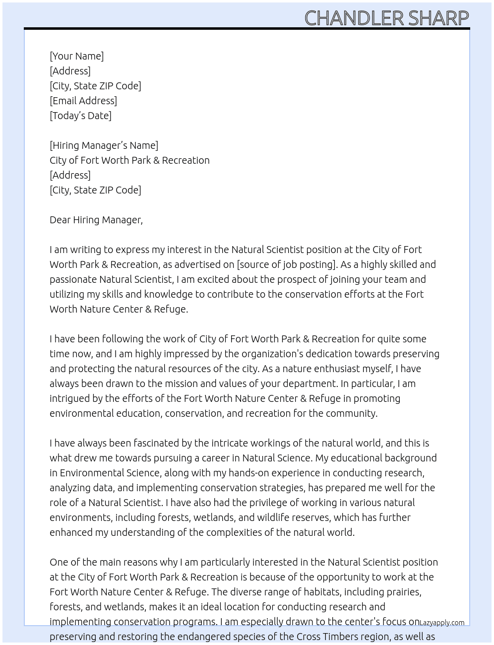 Natural Scientist At City of Fort Worth Park & Recreation Cover Letter