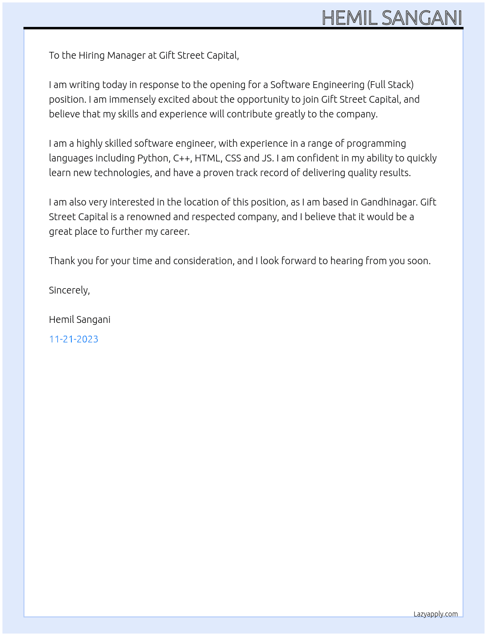 Software Engineering (Full Stack) At Gift Street Capital Cover Letter