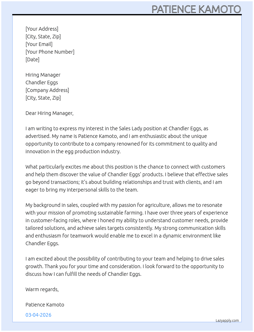 Sales lady At Chandler eggs Cover Letter