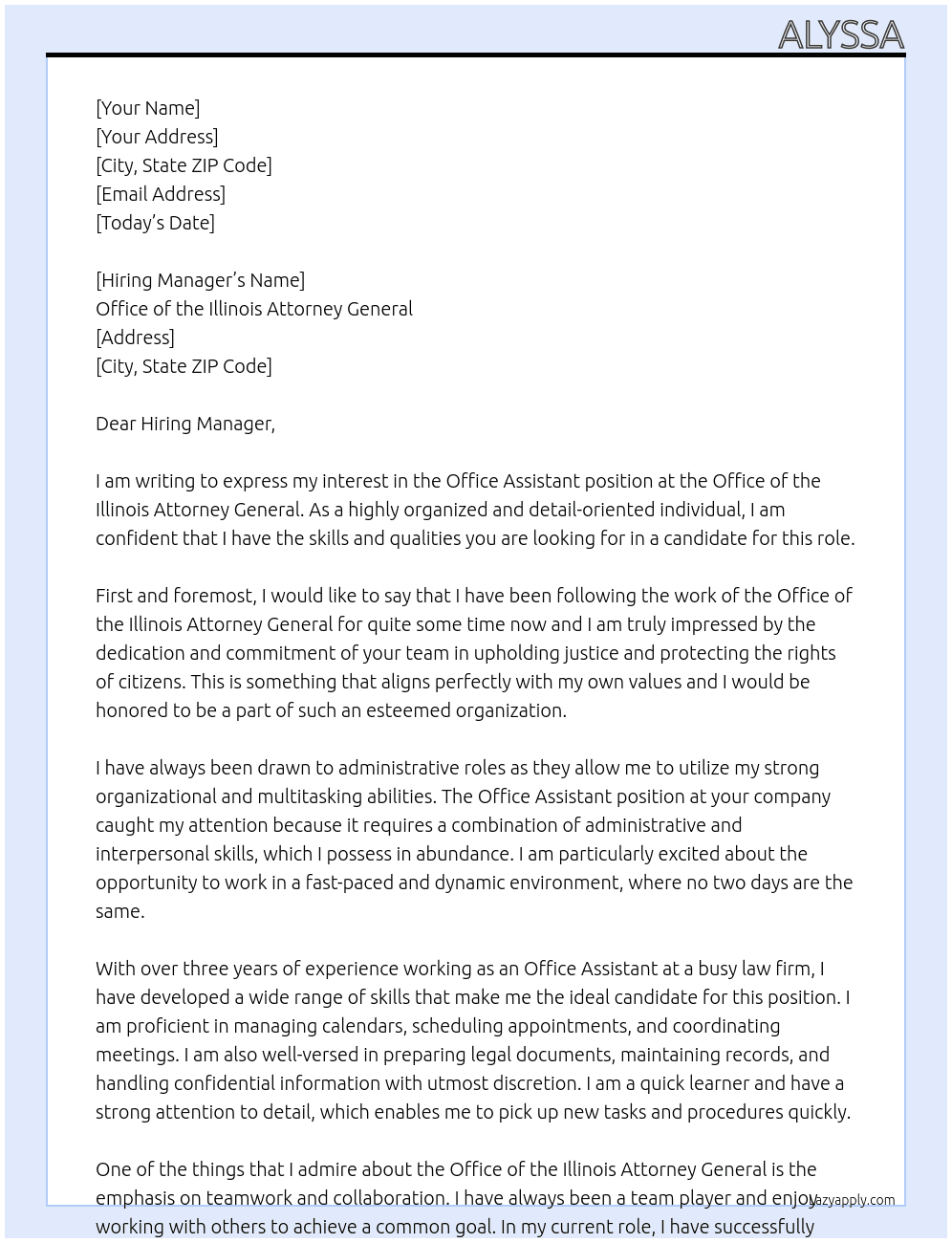 Office Assistant  At Office of the Illinois Attorney General  Cover Letter