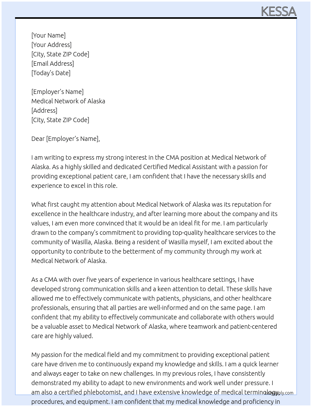 CMA At Medical Network of Alaska Cover Letter