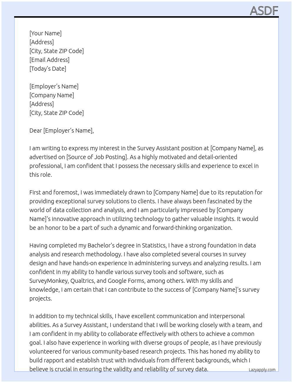 survey assistant At qwer Cover Letter