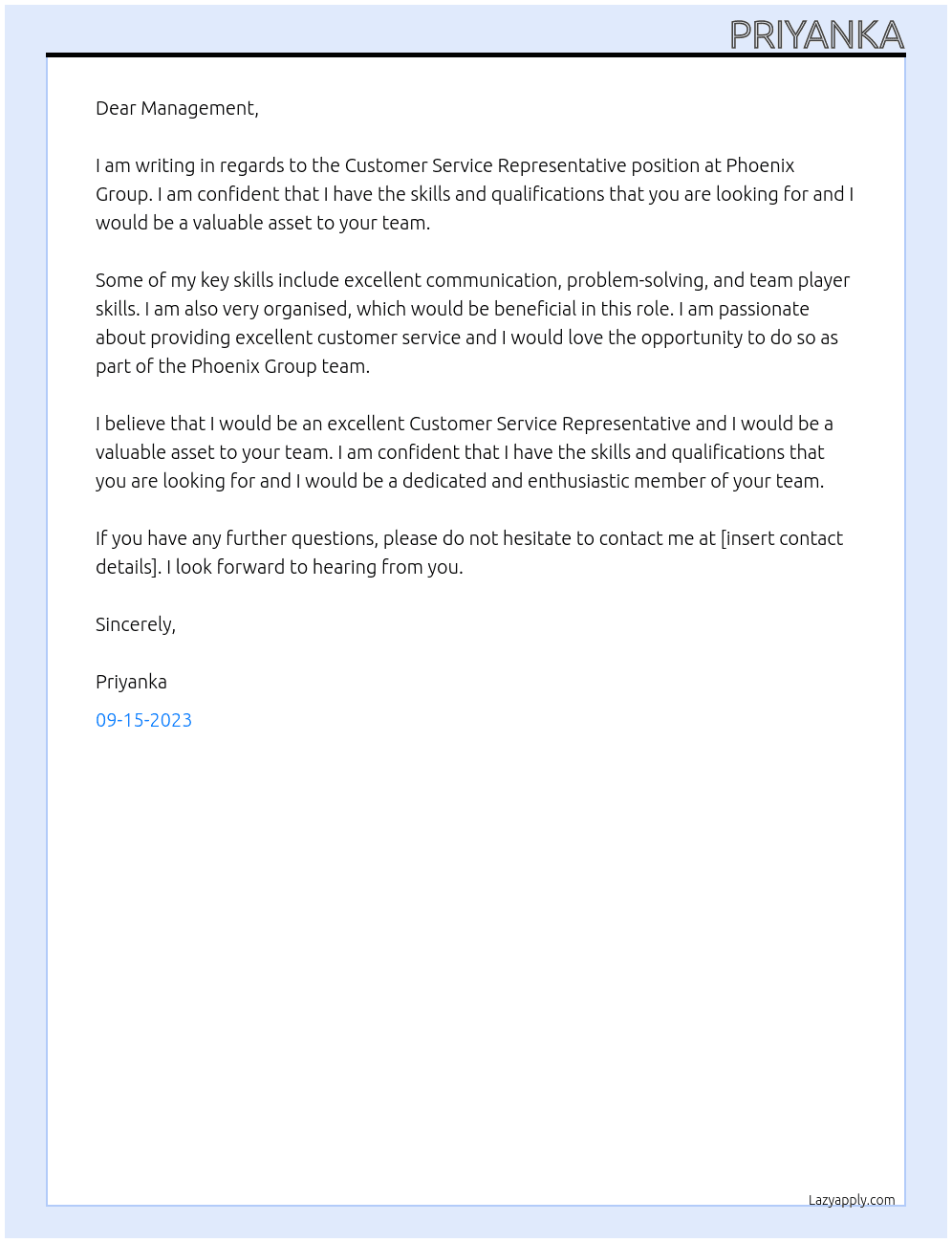 Customer service representative At Phoenix Group Cover Letter