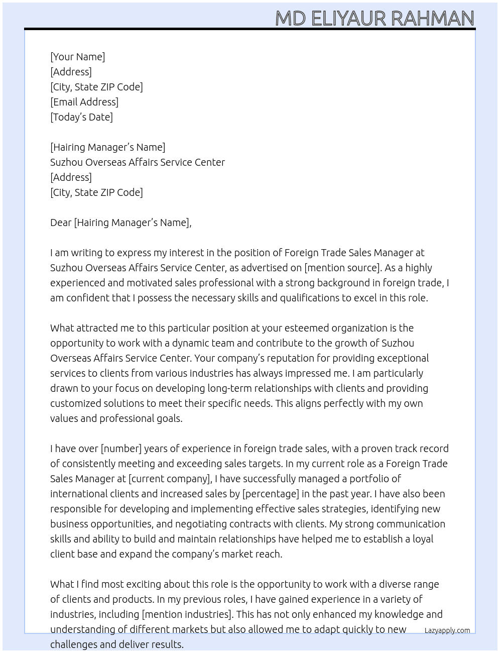 Foreign Trade Sales Manager At Suzhou Overseas Affairs Service Center Cover Letter
