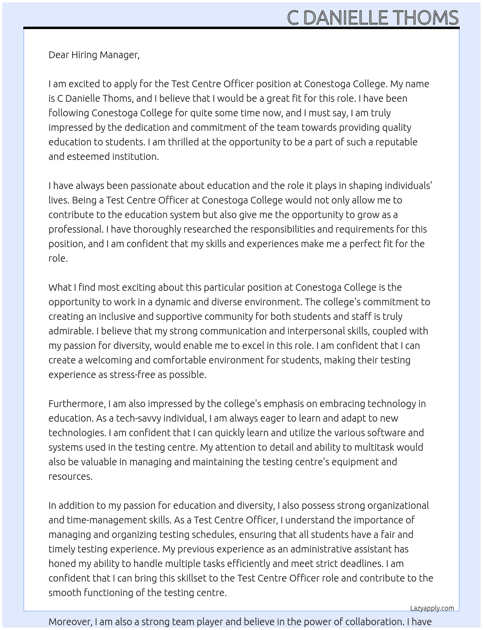 Test Centre Officer At Conestoga College Cover Letter