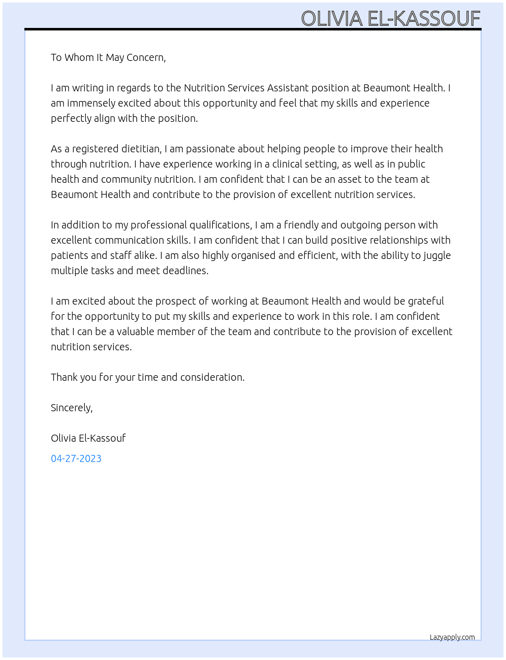 Nutrition Services Assistant At Beaumont Health Cover Letter